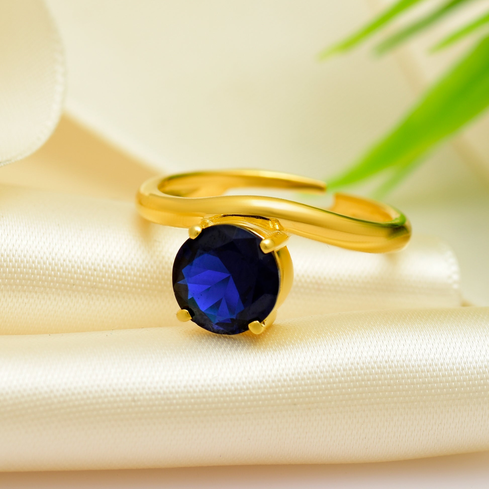 Blue Sapphire Solitaire Wave 925 Silver Ring