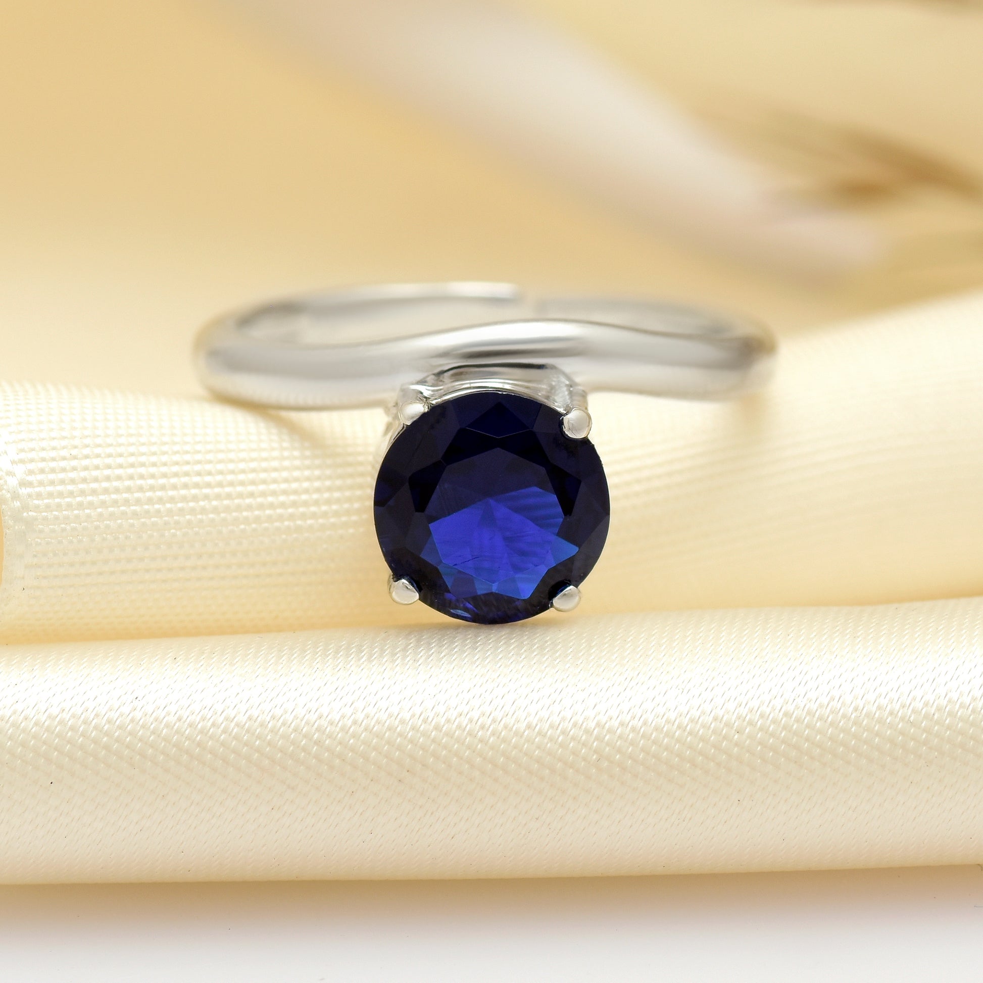 Blue Sapphire Solitaire Wave 925 Silver Ring