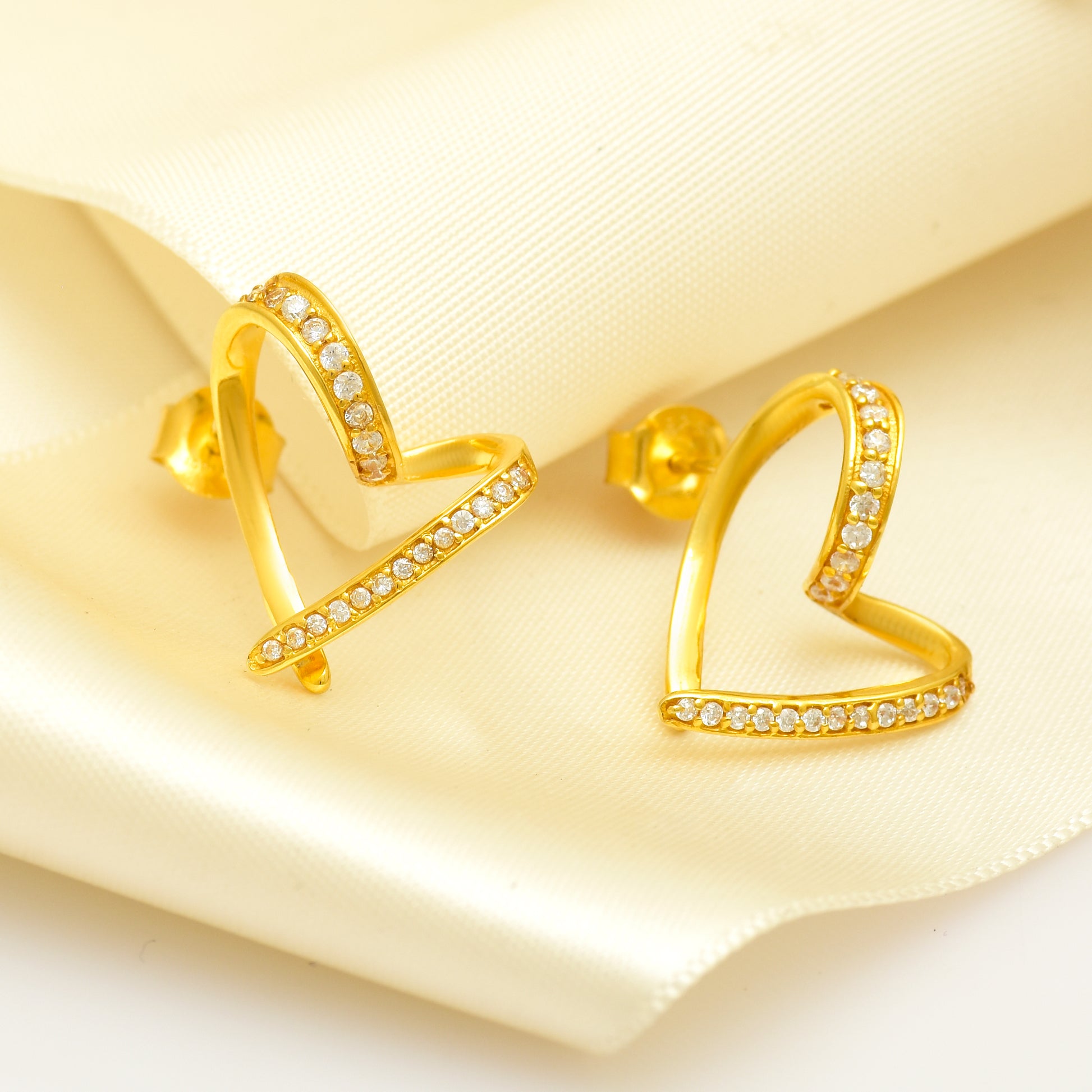 Gold Pave Open Heart Studs - 925 Silver (Gold Plated)