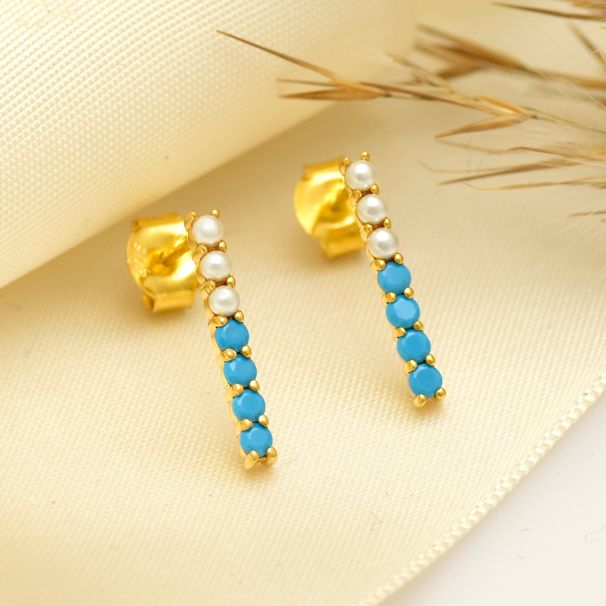 Turquoise & Pearl Bar Studs Earrings - 925 Silver (Gold Plated)