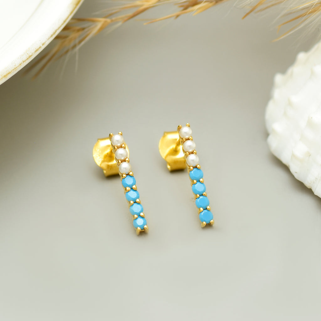Turquoise & Pearl Bar Studs Earrings - 925 Silver (Gold Plated)
