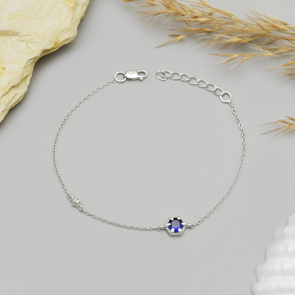 Hexagon Blue Stone Bracelet - 925 Silver