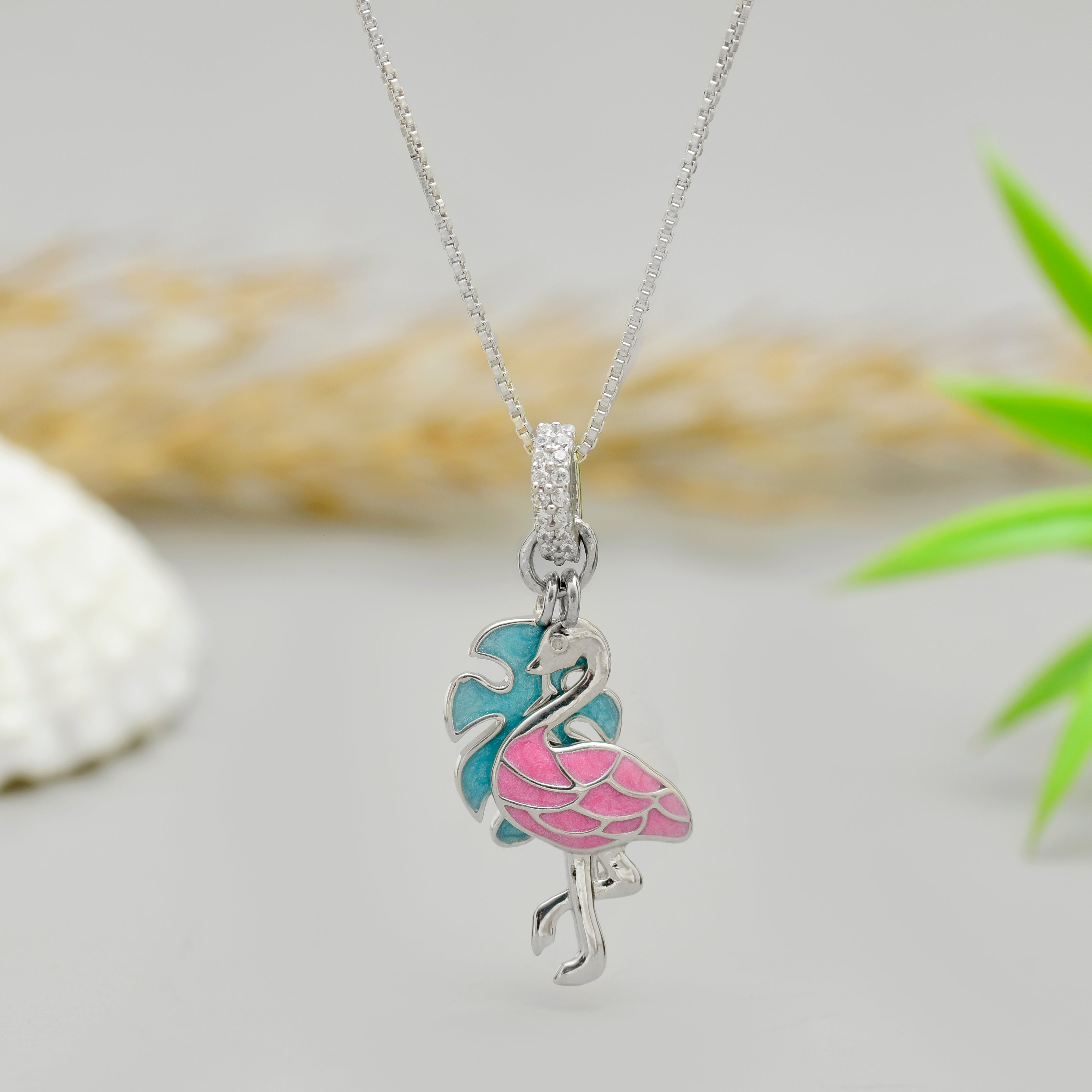 Tropical Pink Flamingo & Blue Leaf Necklace - 925 Sterling Silver