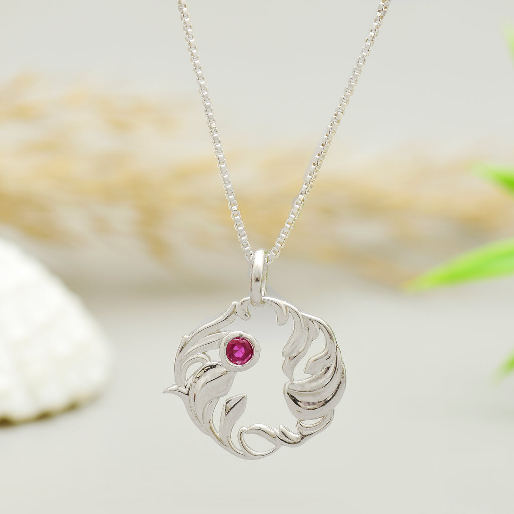 Silver Organic Leaf Swirl Pendant with Ruby Red Stone