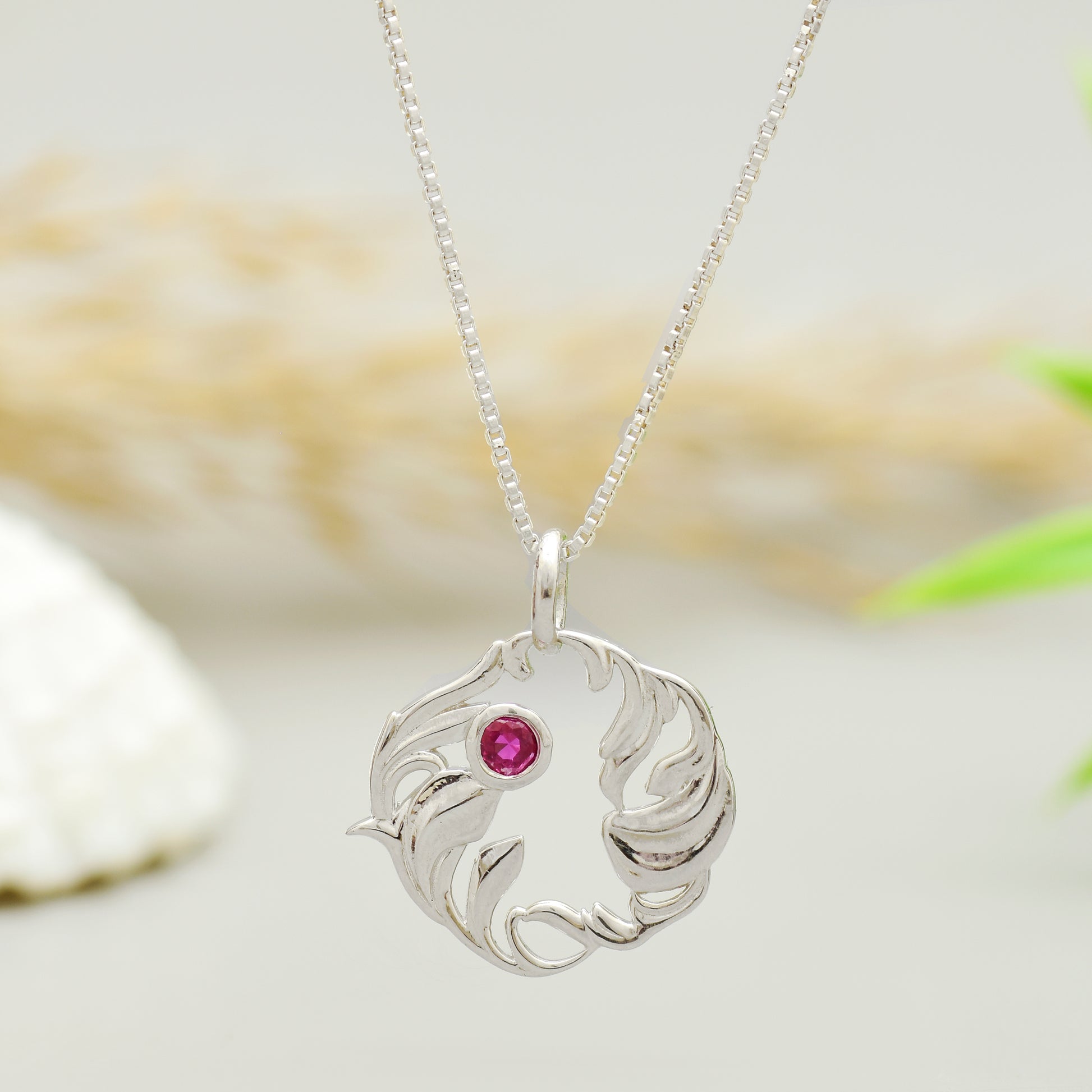 Silver Organic Leaf Swirl Pendant with Ruby Red Stone