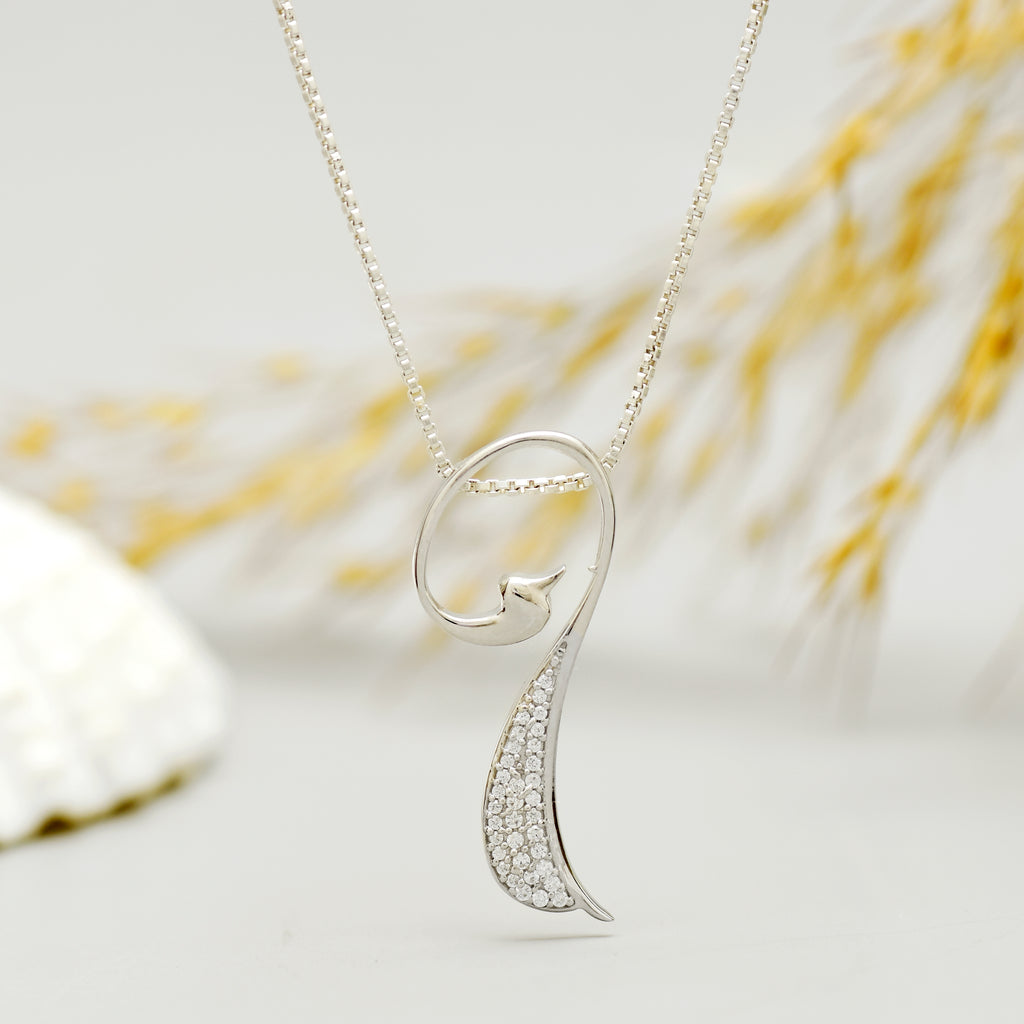 Modern Abstract Bird Necklace with Pave Crystals (925 Silver)