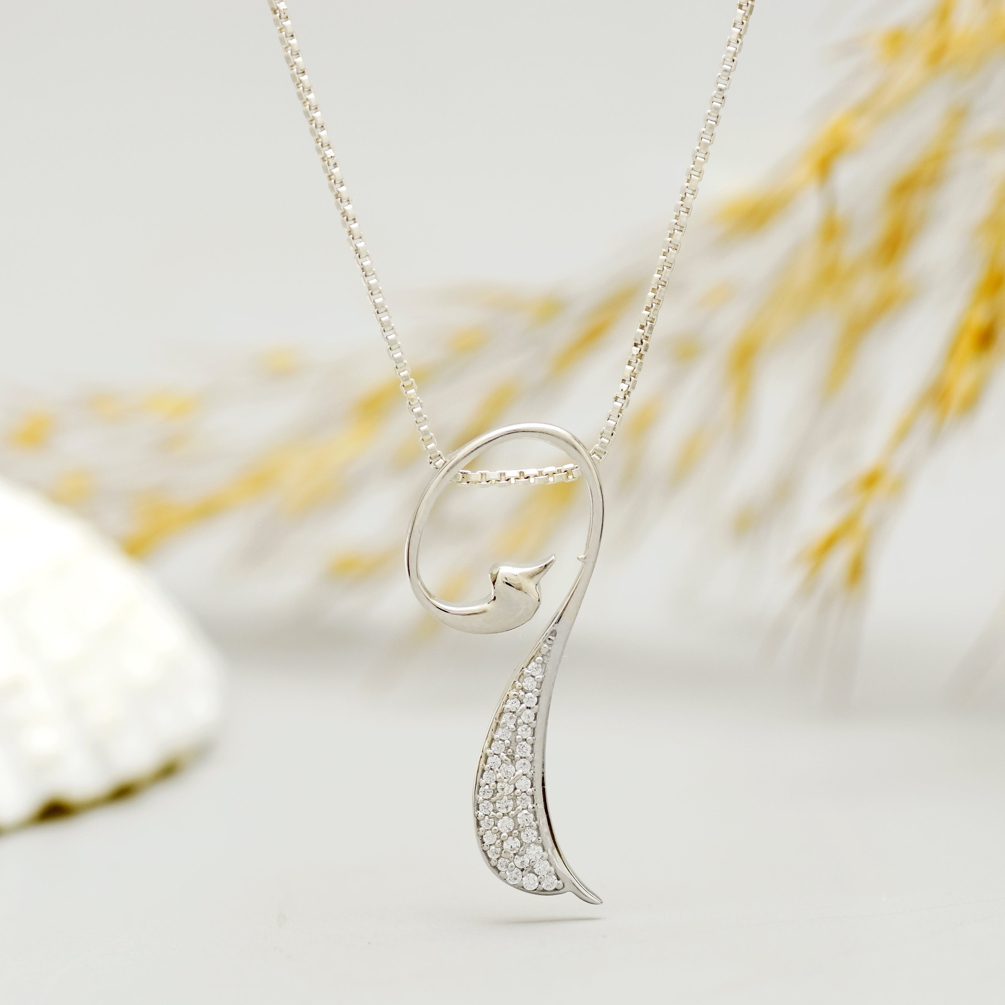Modern Abstract Bird Necklace with Pave Crystals (925 Silver)