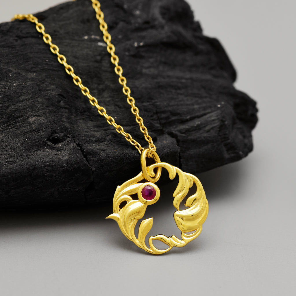 Silver Organic Leaf Swirl Pendant with Ruby Red Stone