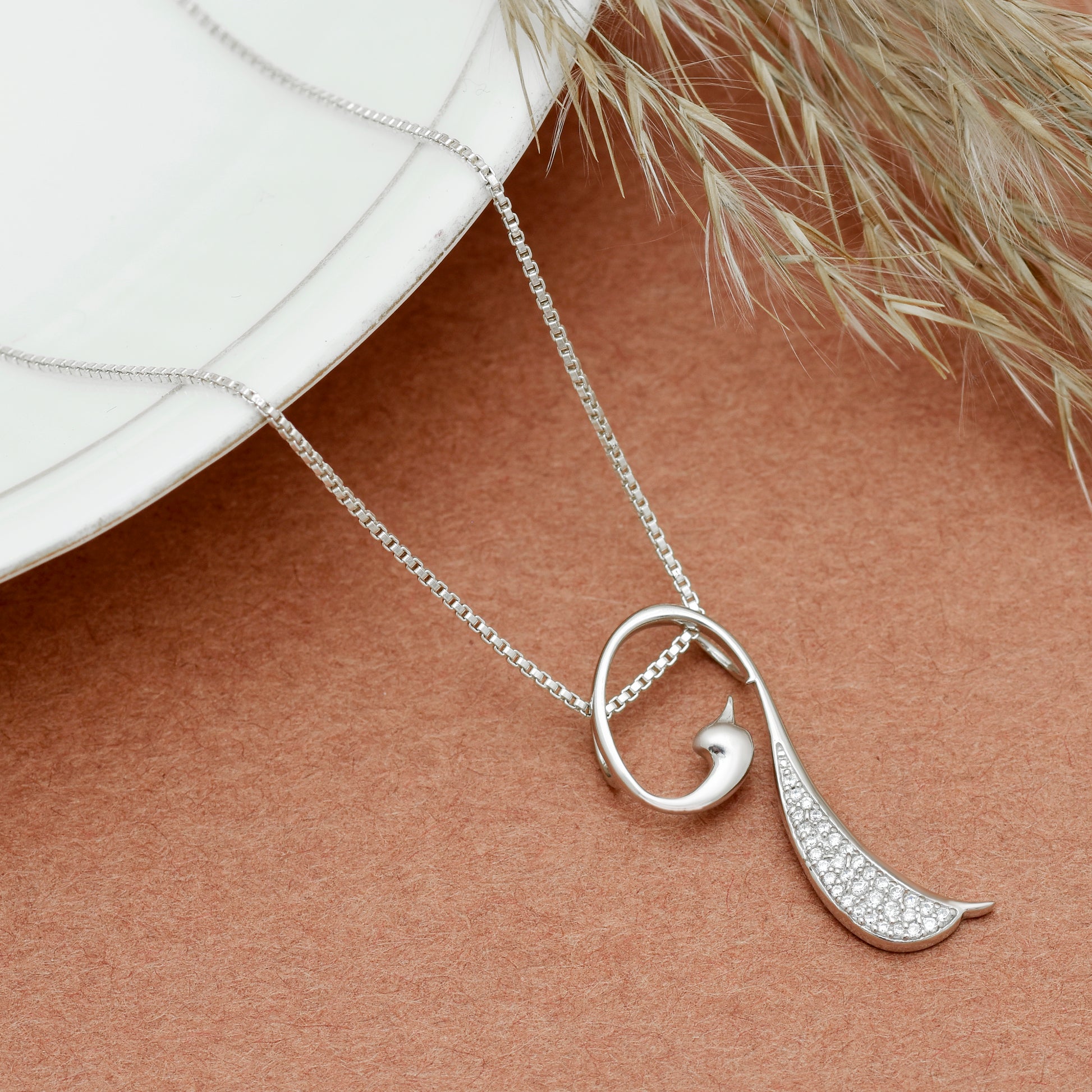 Modern Abstract Bird Necklace with Pave Crystals (925 Silver)
