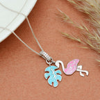 Tropical Pink Flamingo & Blue Leaf Necklace - 925 Sterling Silver