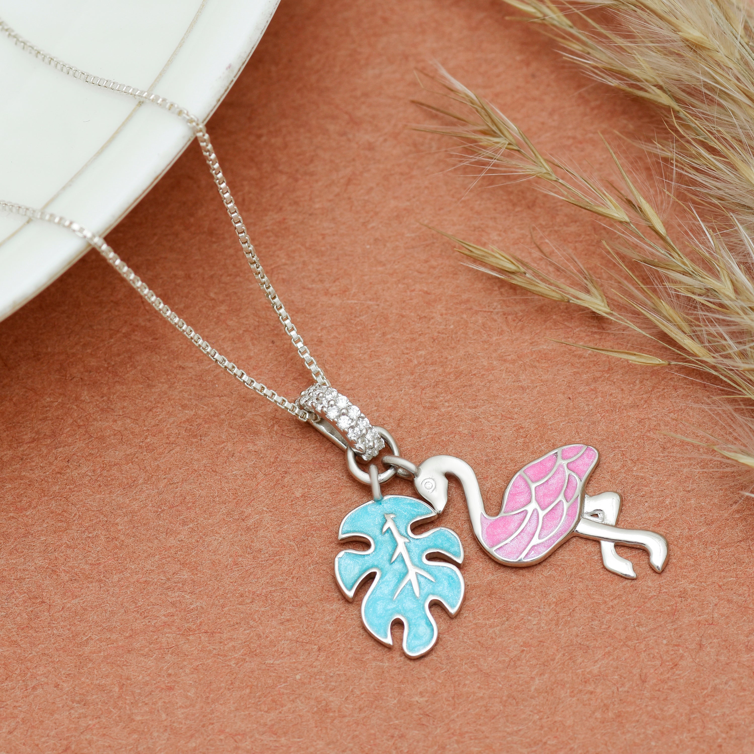Tropical Pink Flamingo & Blue Leaf Necklace - 925 Sterling Silver