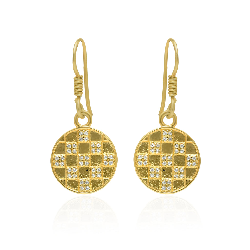 Crystal Chessboard Coin Earrings - Certified 925 Silver