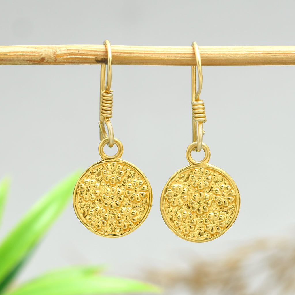 Textured Disc Drop Earrings - 925 Silver (Gold Plated)