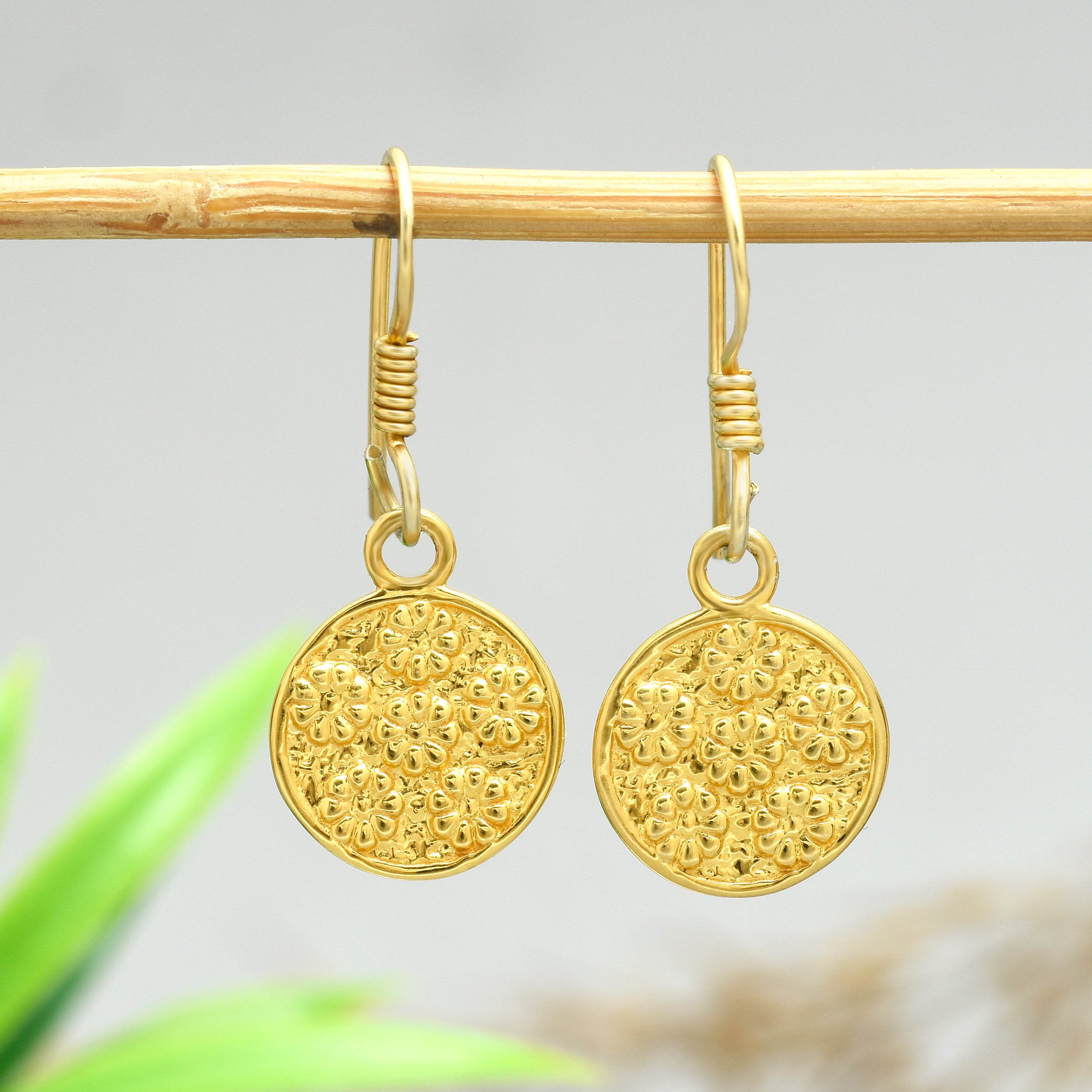 Textured Disc Drop Earrings - 925 Silver (Gold Plated)