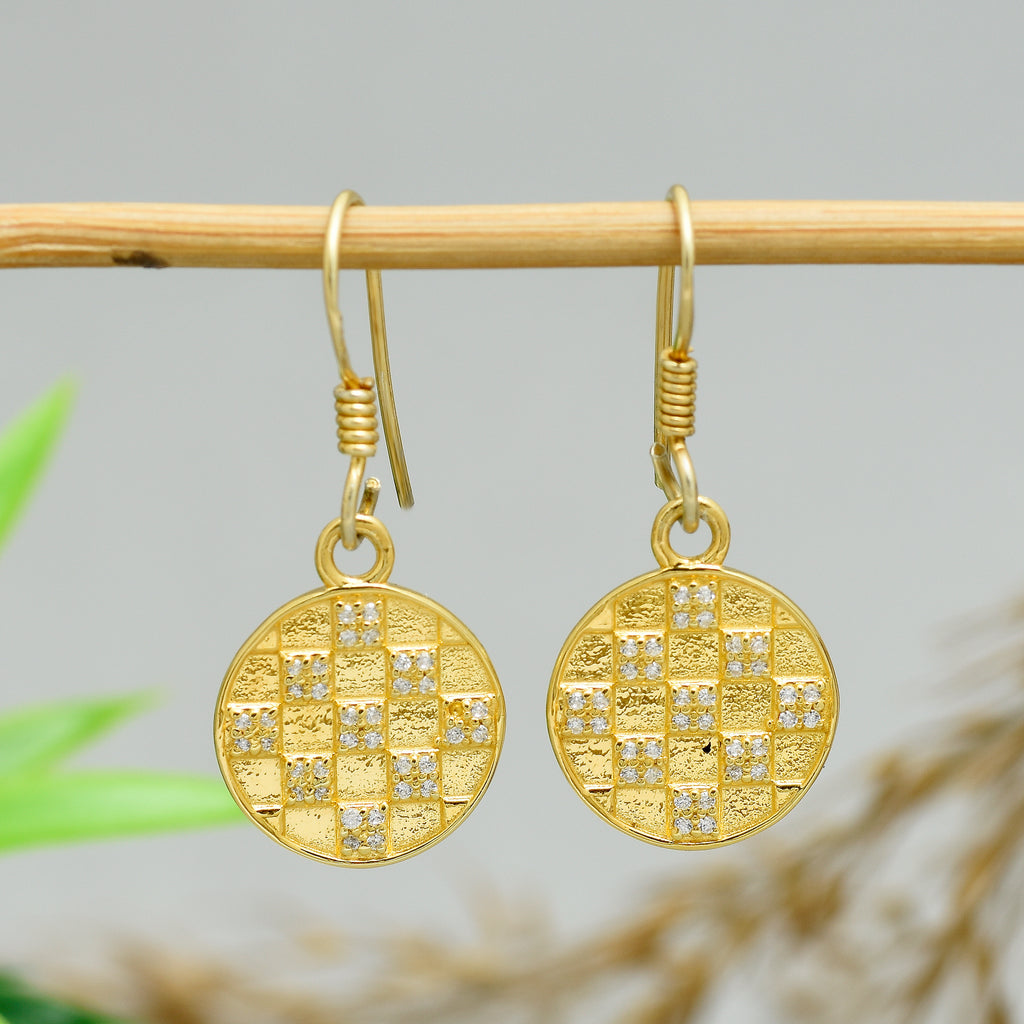 Crystal Chessboard Coin Earrings - Certified 925 Silver