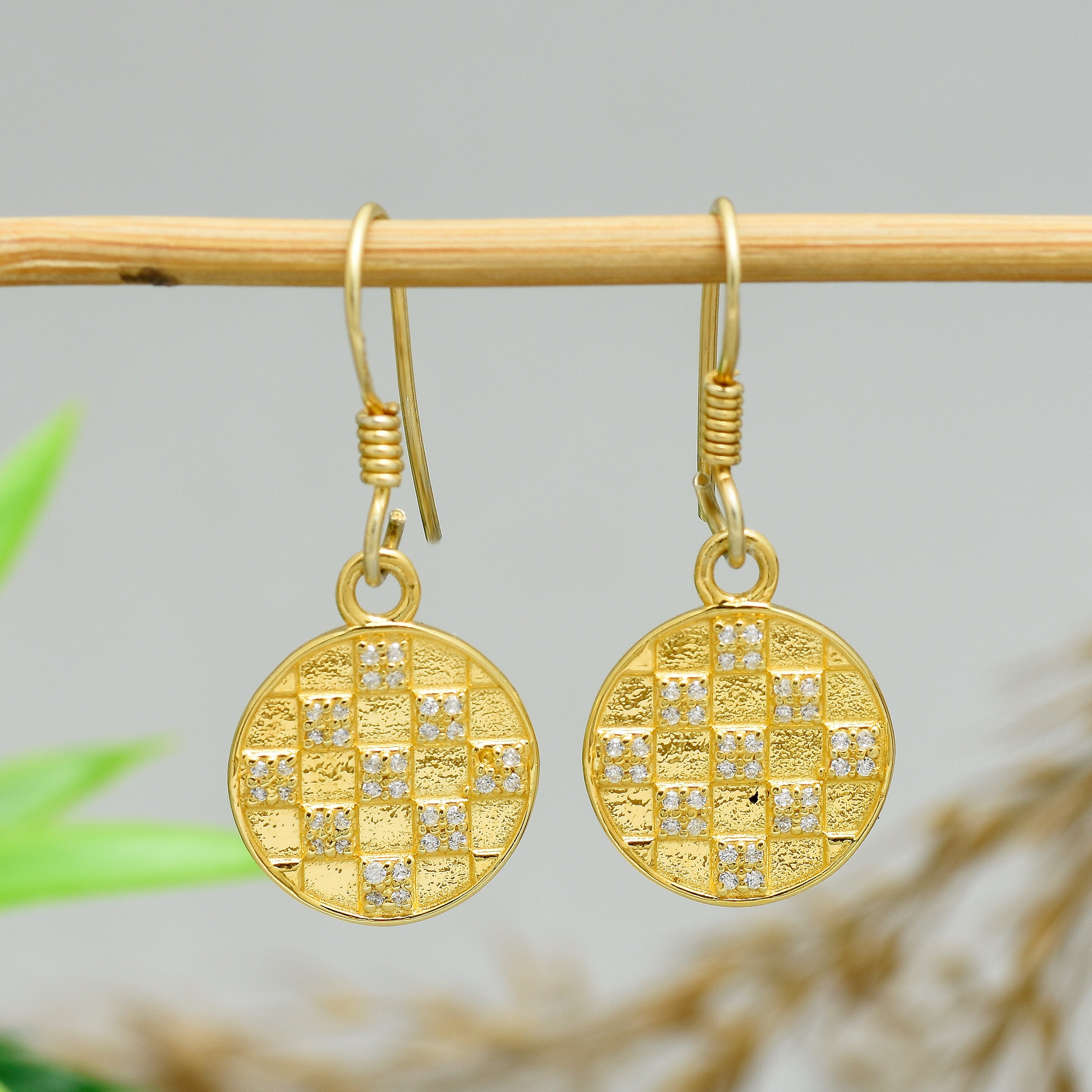 Crystal Chessboard Coin Earrings - Certified 925 Silver