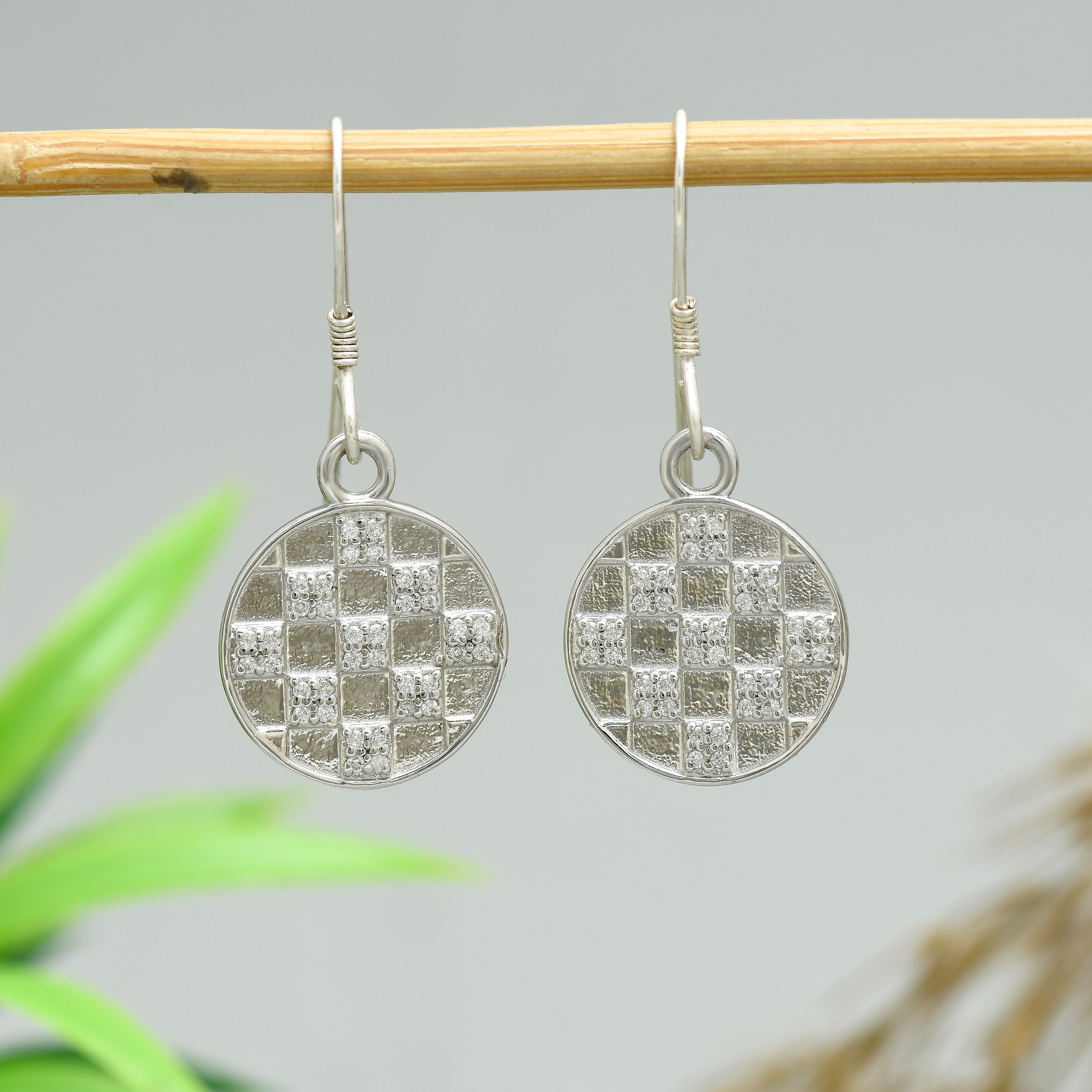 Crystal Chessboard Coin Earrings - Certified 925 Silver