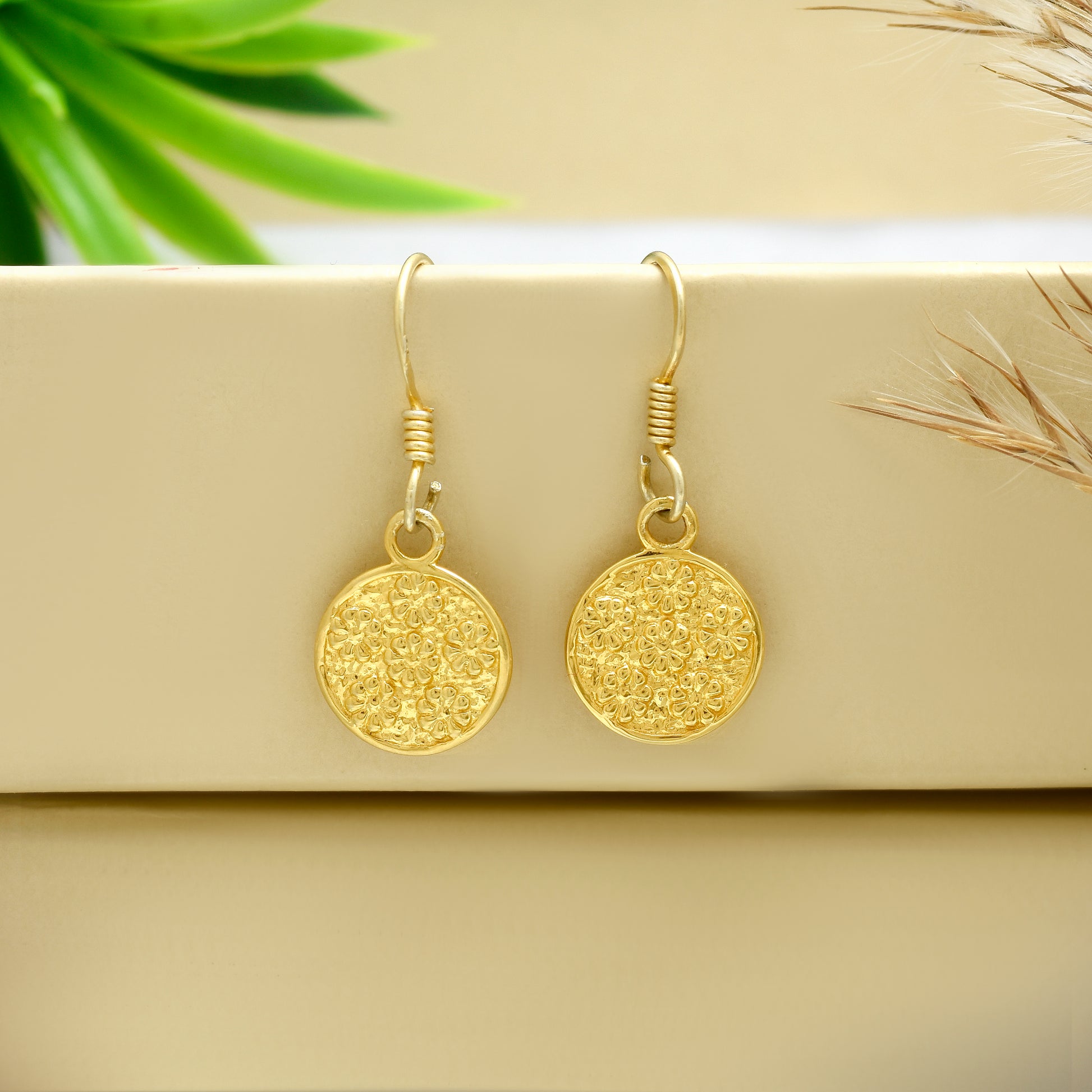 Textured Disc Drop Earrings - 925 Silver (Gold Plated)