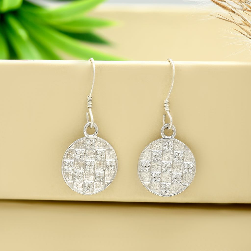 Crystal Chessboard Coin Earrings - Certified 925 Silver