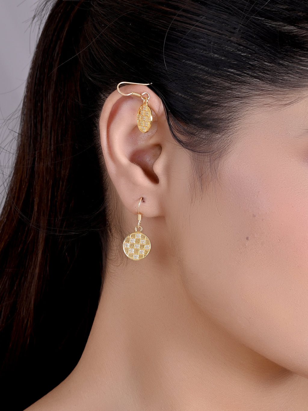 Crystal Chessboard Coin Earrings - Certified 925 Silver