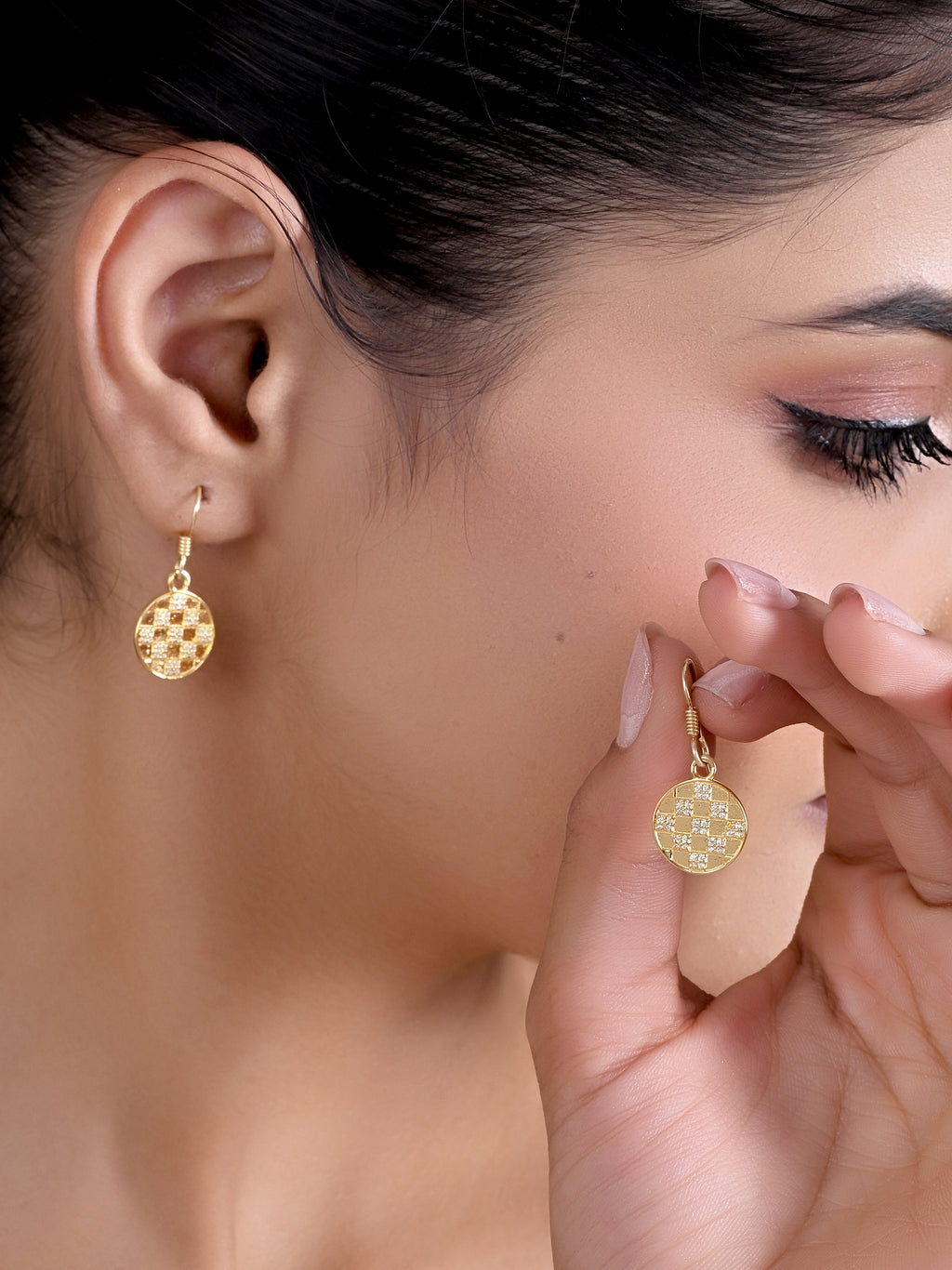 Crystal Chessboard Coin Earrings - Certified 925 Silver