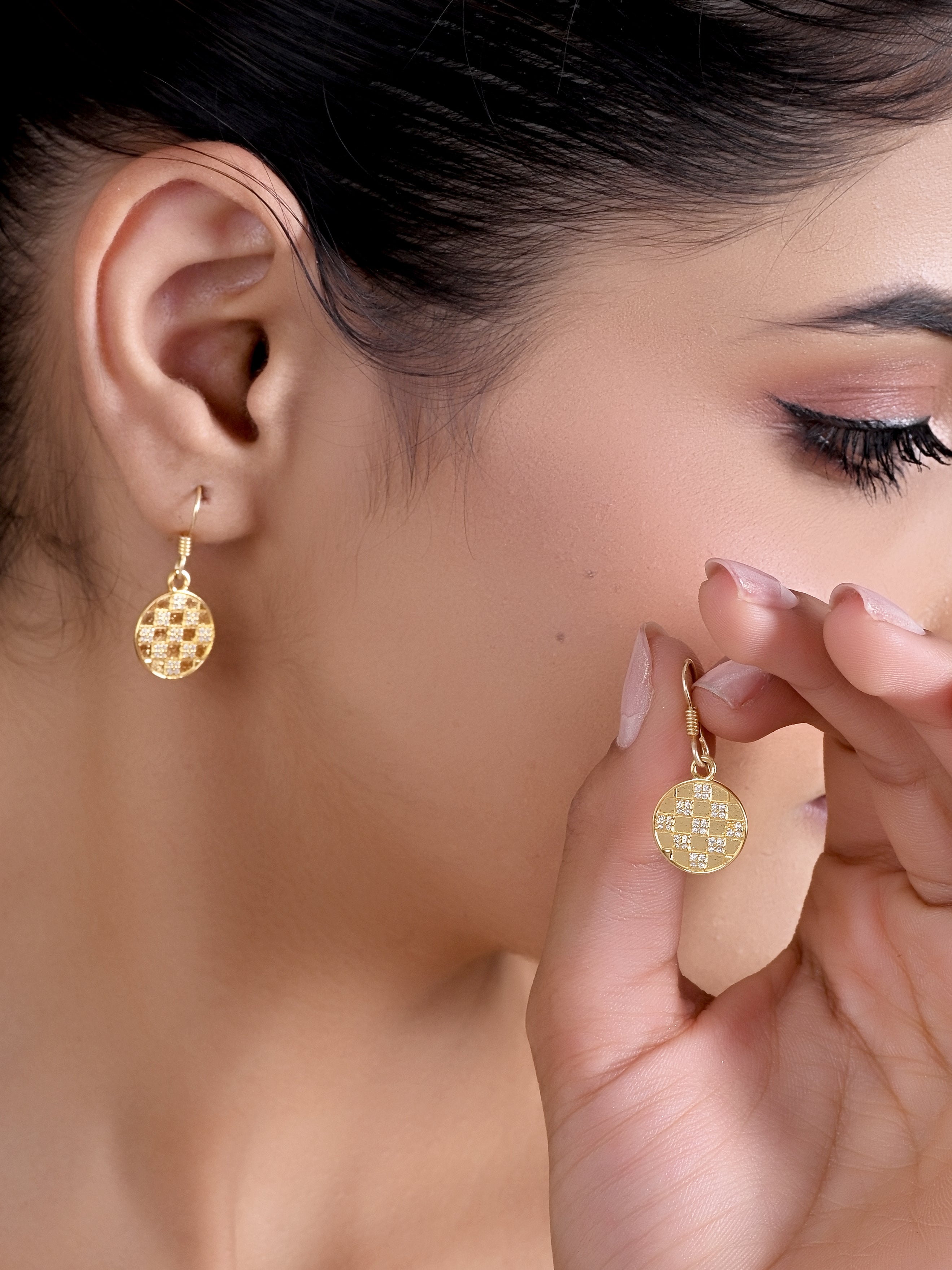 Crystal Chessboard Coin Earrings - Certified 925 Silver