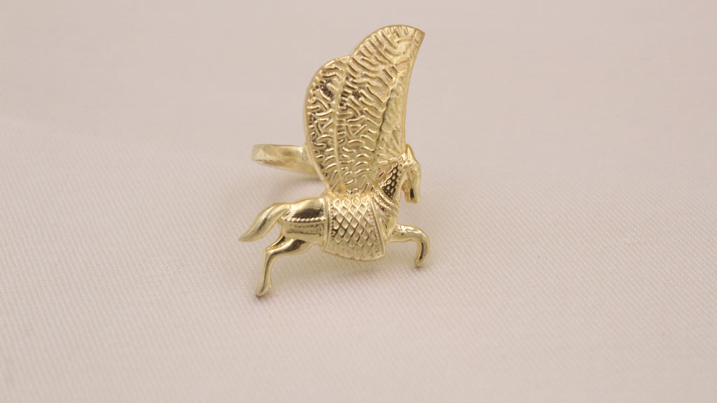 Gold Sculpted Pegasus Winged Horse Statement Ring