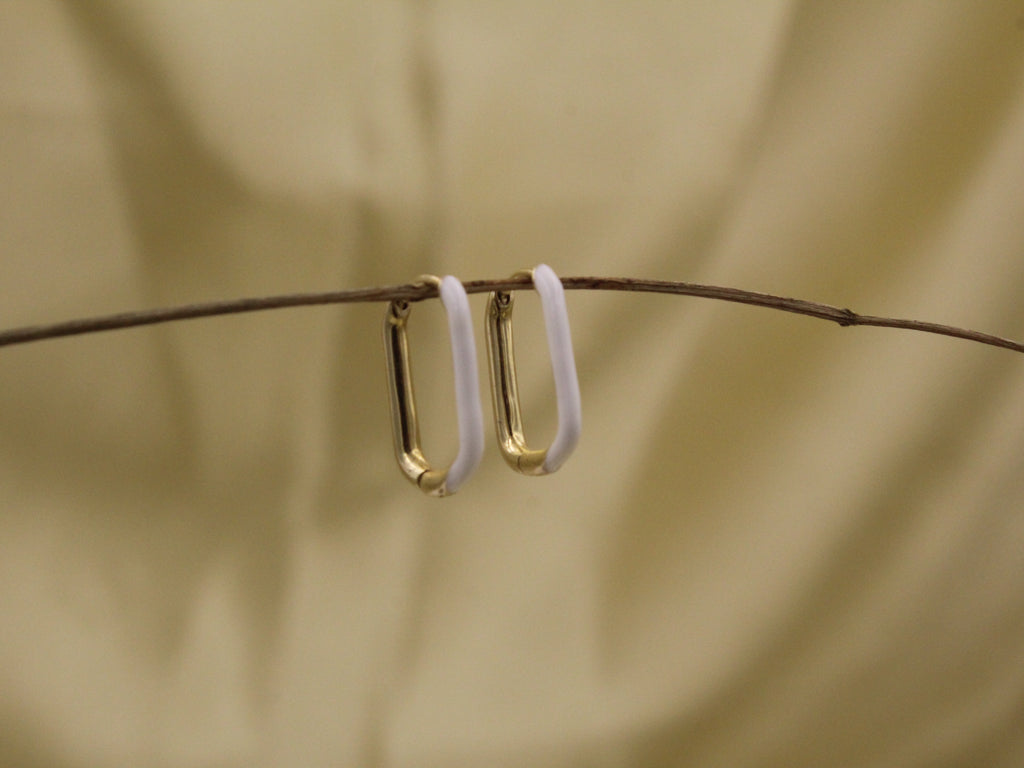 White Enamel Rectangular Earrings for Office - 925 Silver (Gold Plated)