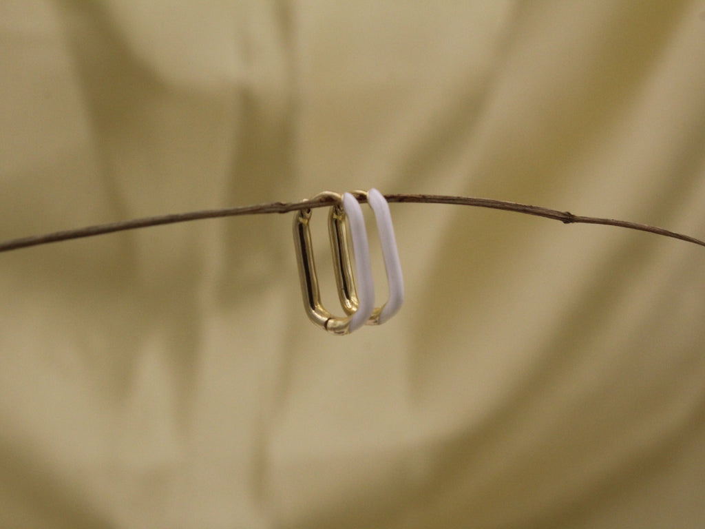White Enamel Rectangular Earrings for Office - 925 Silver (Gold Plated)
