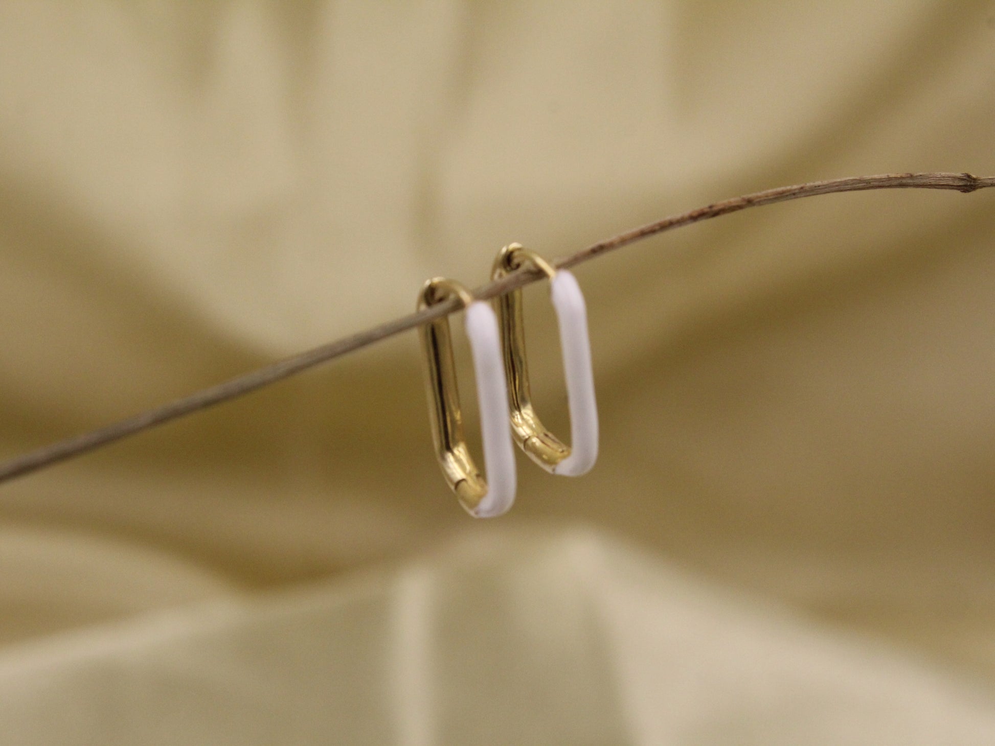 White Enamel Rectangular Earrings for Office - 925 Silver (Gold Plated)