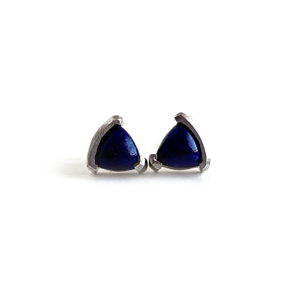Natural Lapis Lazuli Triangle Studs Earrings - 925 Silver