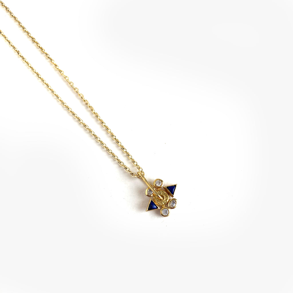 Gold Geometric Pendant with Blue & White Stones - 925 Silver