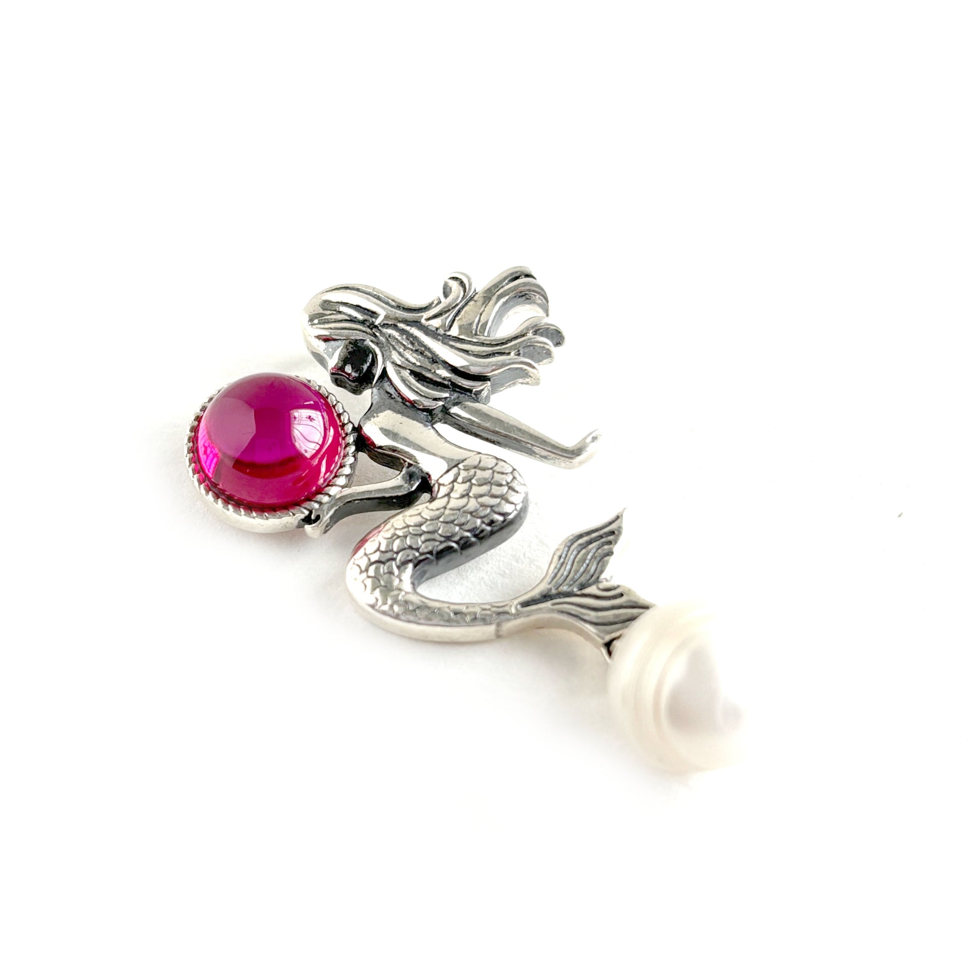 Silver Mermaid Pendant with Pink Stone & Pearl Tail