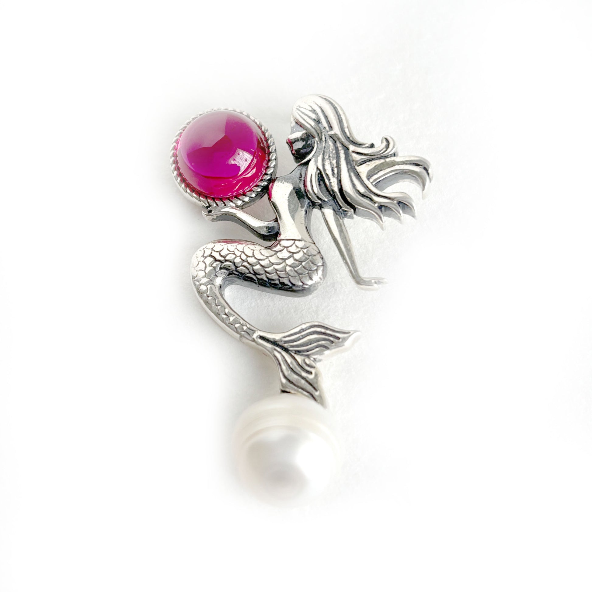 Silver Mermaid Pendant with Pink Stone & Pearl Tail