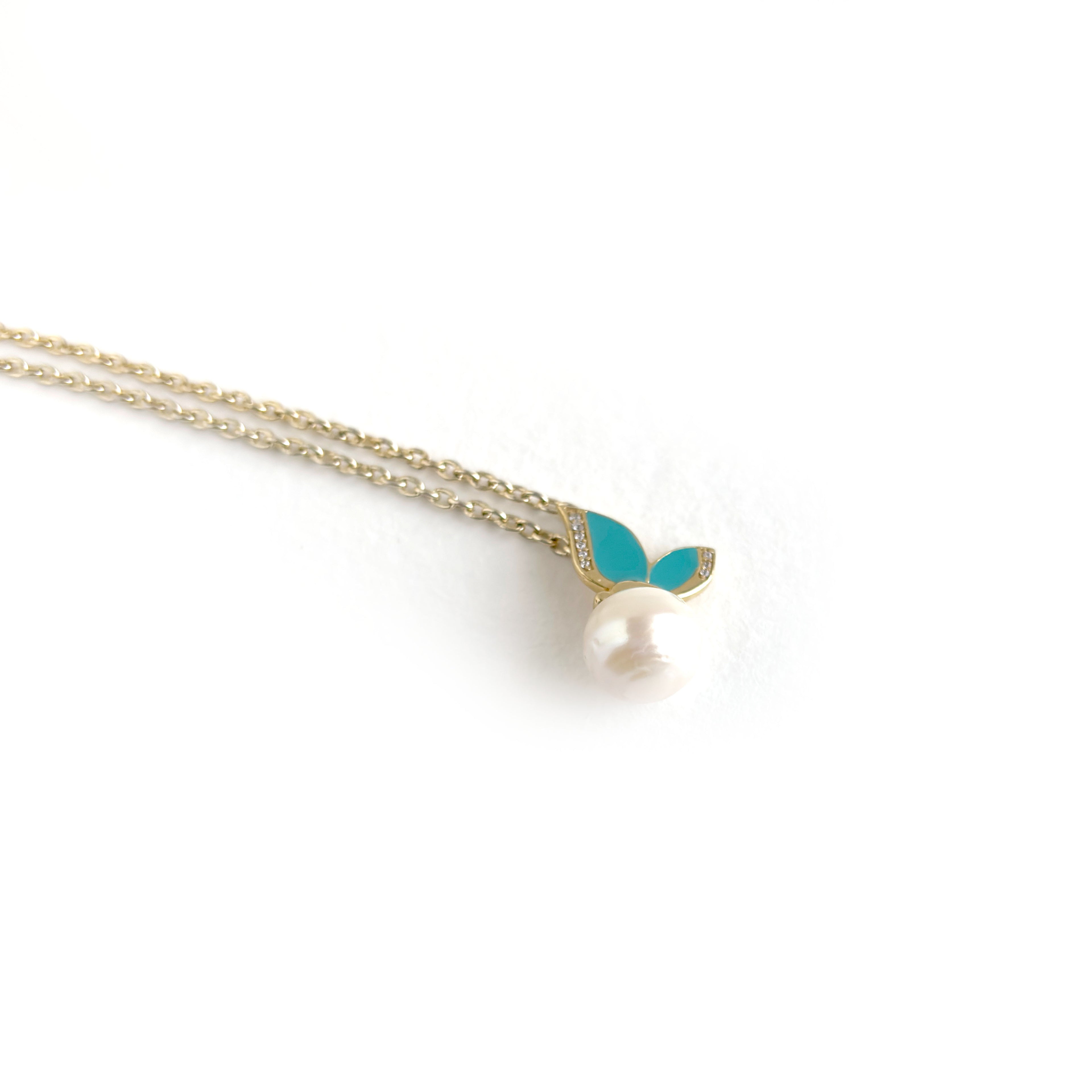 Gold Pearl Pendant with Blue Enamel Butterfly Wings - 925 Silver