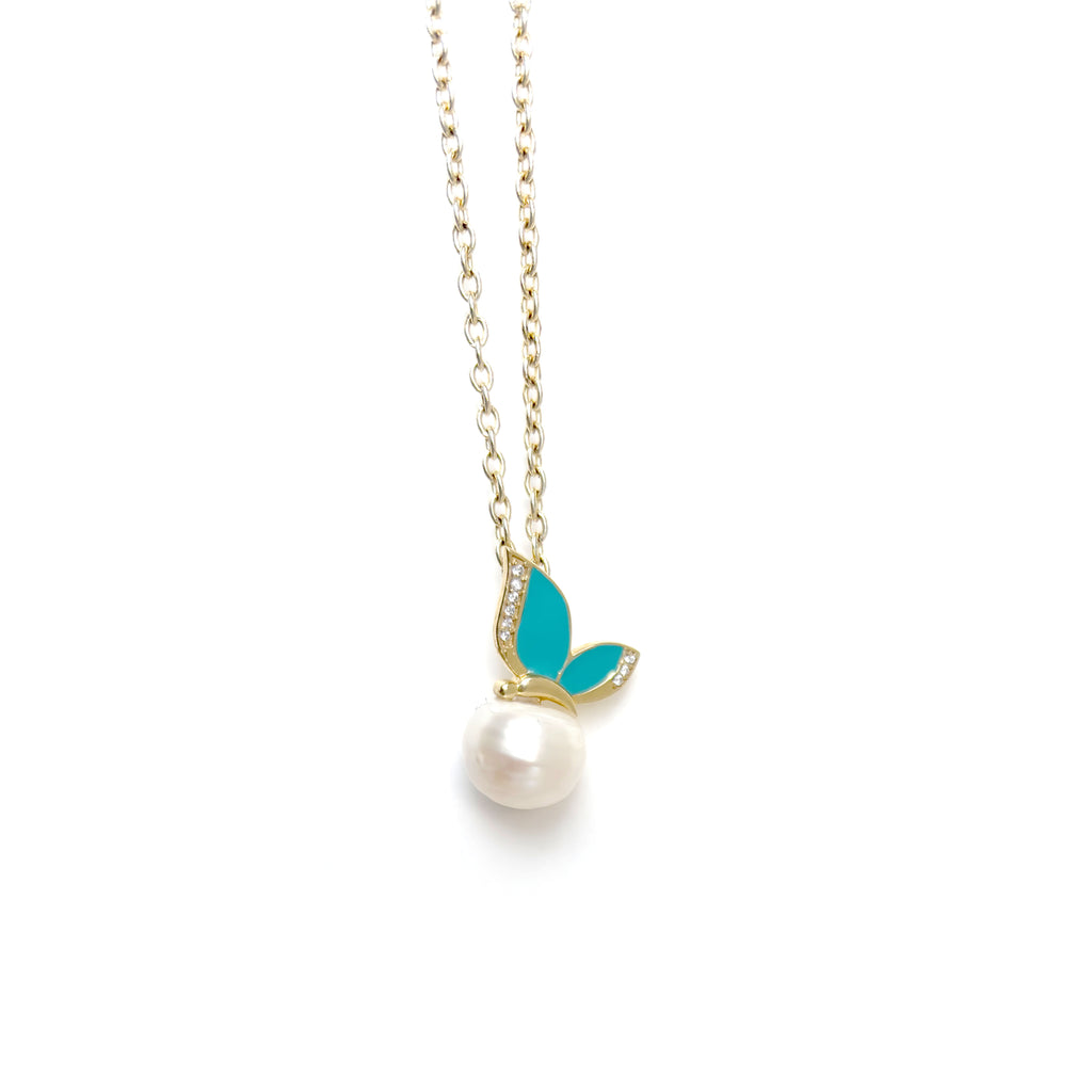 Gold Pearl Pendant with Blue Enamel Butterfly Wings - 925 Silver