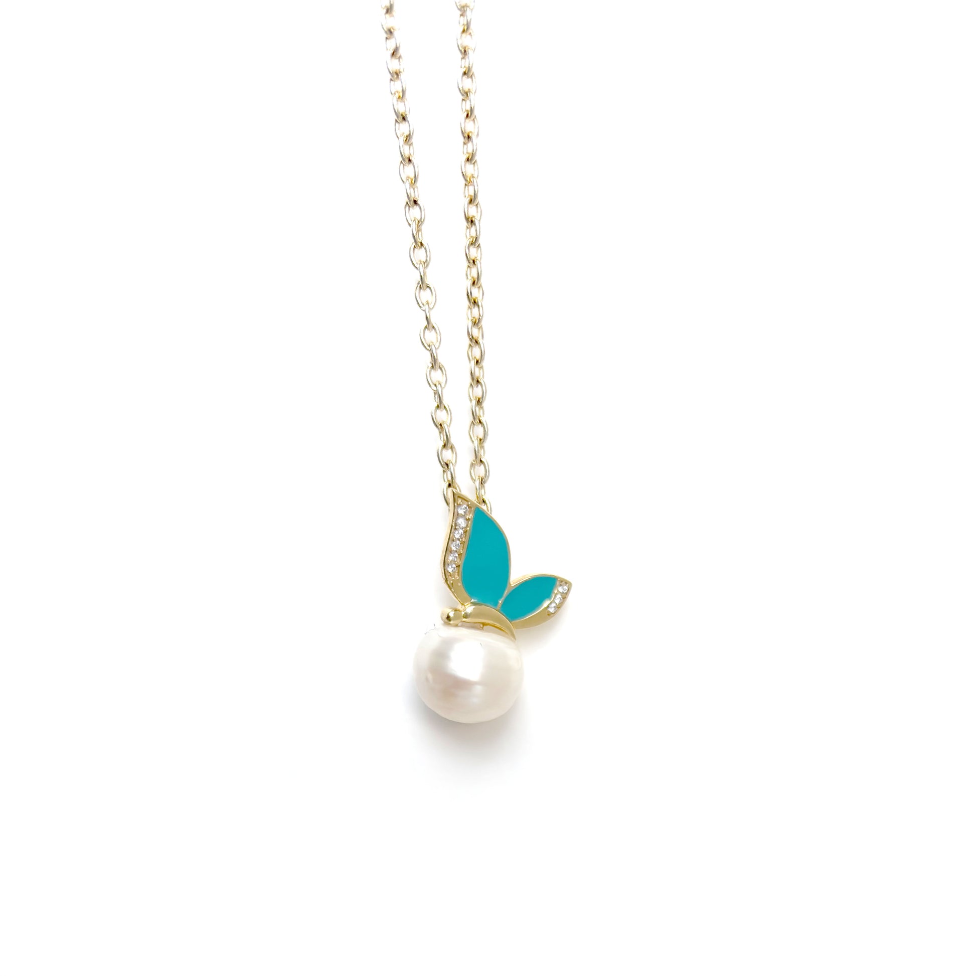 Gold Pearl Pendant with Blue Enamel Butterfly Wings - 925 Silver