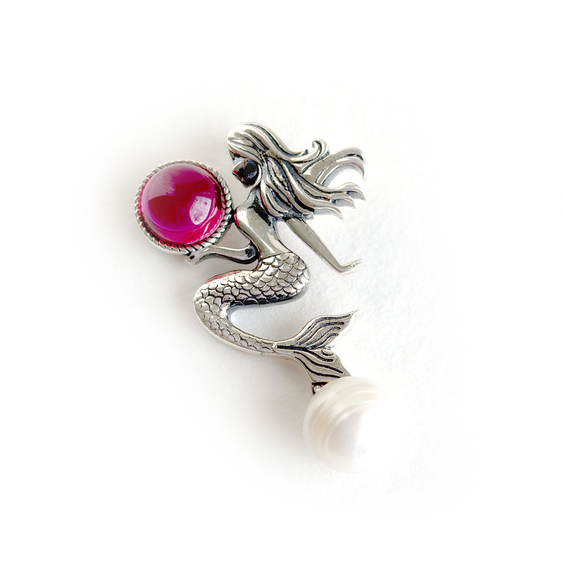 Silver Mermaid Pendant with Pink Stone & Pearl Tail