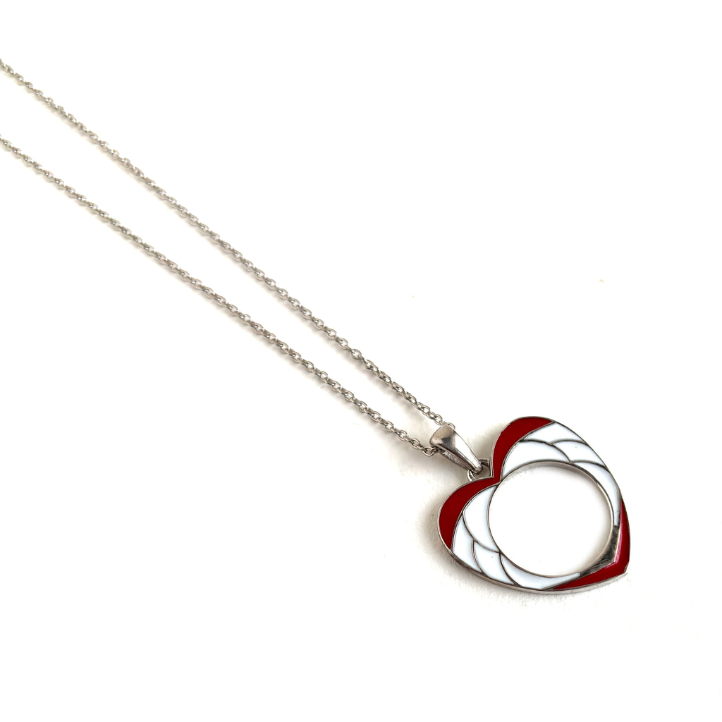 Red & White Enamel Open Heart Pendant - 925 Sterling Silver