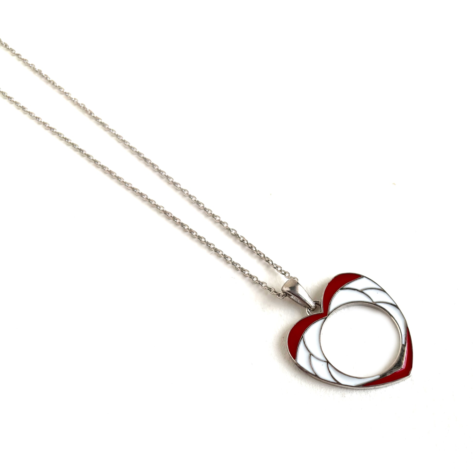 Red & White Enamel Open Heart Pendant - 925 Sterling Silver