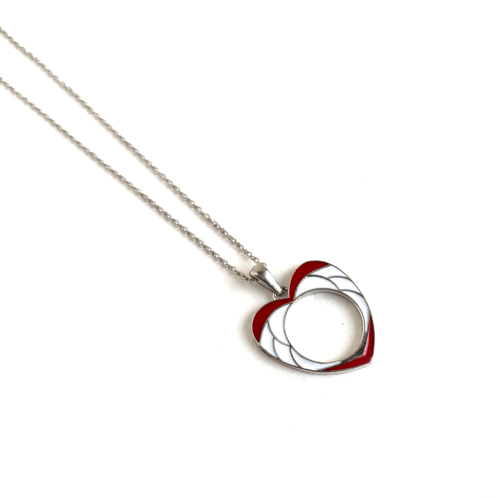 Red & White Enamel Open Heart Pendant - 925 Sterling Silver