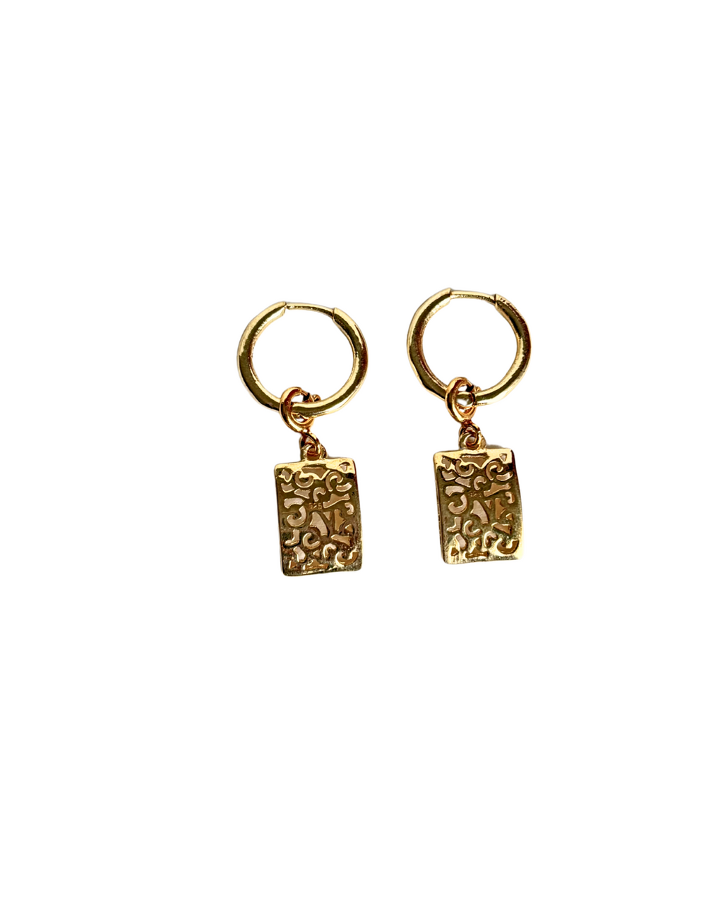Gold Filigree Rectangular Drop Earrings - 925 Silver