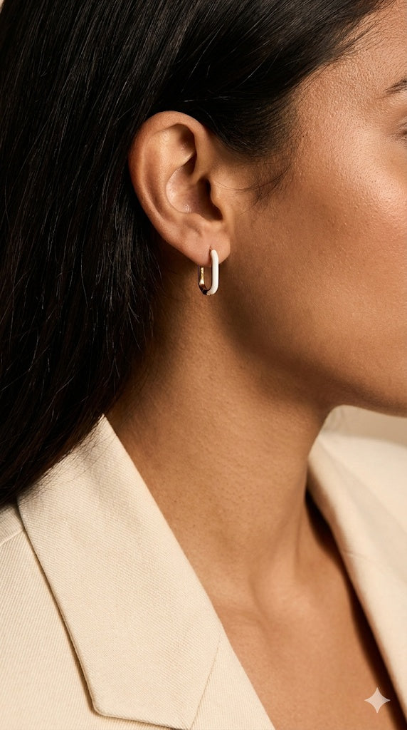 White Enamel Rectangular Earrings for Office - 925 Silver (Gold Plated)