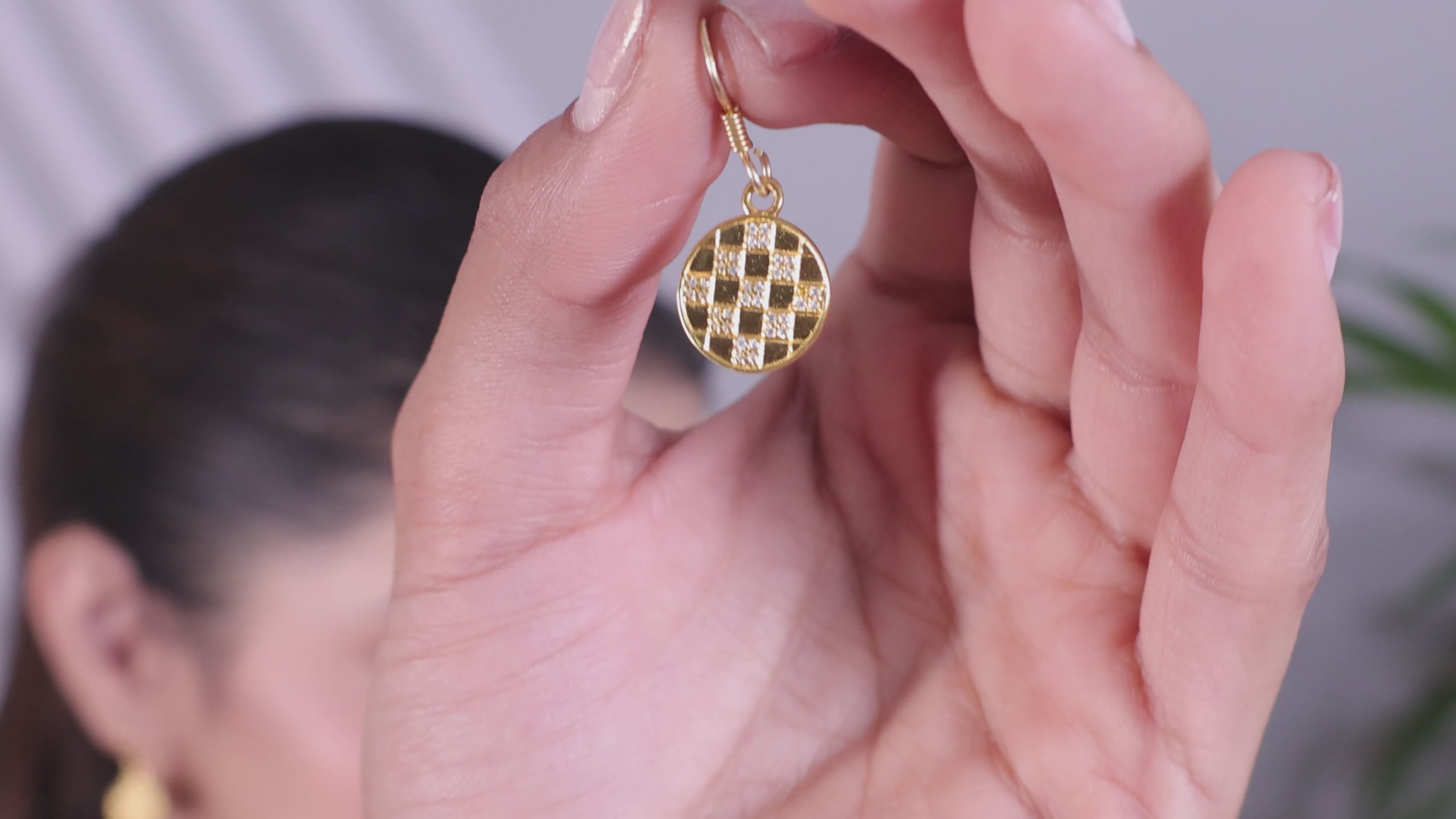 Crystal Chessboard Coin Earrings - Certified 925 Silver