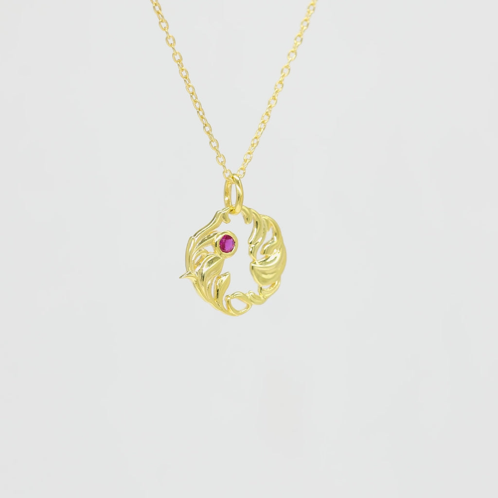 Silver Organic Leaf Swirl Pendant with Ruby Red Stone