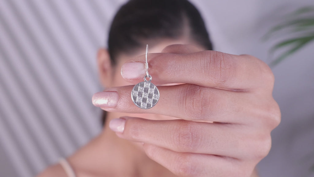 Crystal Chessboard Coin Earrings - Certified 925 Silver