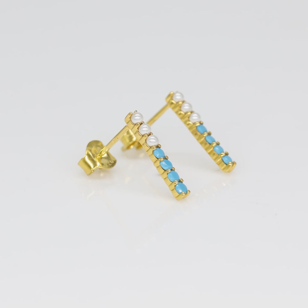 Turquoise & Pearl Bar Studs Earrings - 925 Silver (Gold Plated)