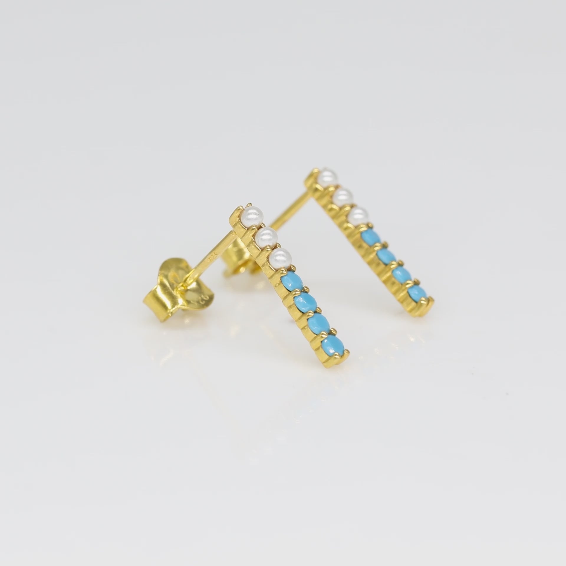 Turquoise & Pearl Bar Studs Earrings - 925 Silver (Gold Plated)
