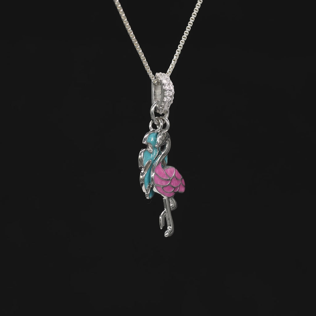 Tropical Pink Flamingo & Blue Leaf Necklace - 925 Sterling Silver