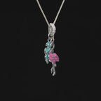 Tropical Pink Flamingo & Blue Leaf Necklace - 925 Sterling Silver